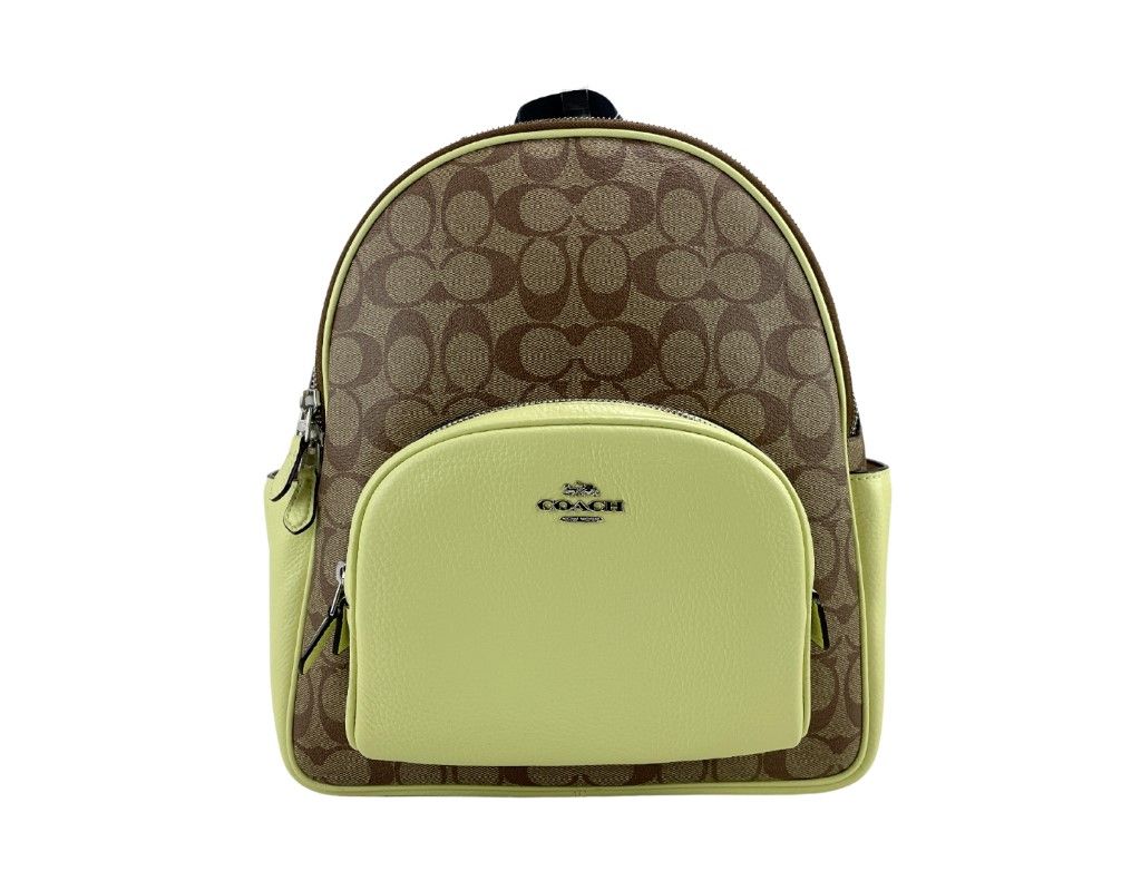 COACH (5671) Court Signature Leather Khaki/Pale Lime Medium Backpack