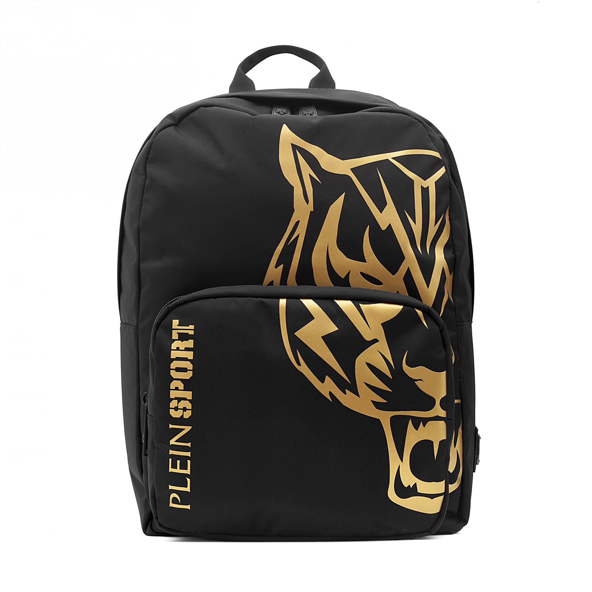 Elegant Black Backpack With Gold Tiger Motif BY Plein Sport - Backpacks available at DOYUF