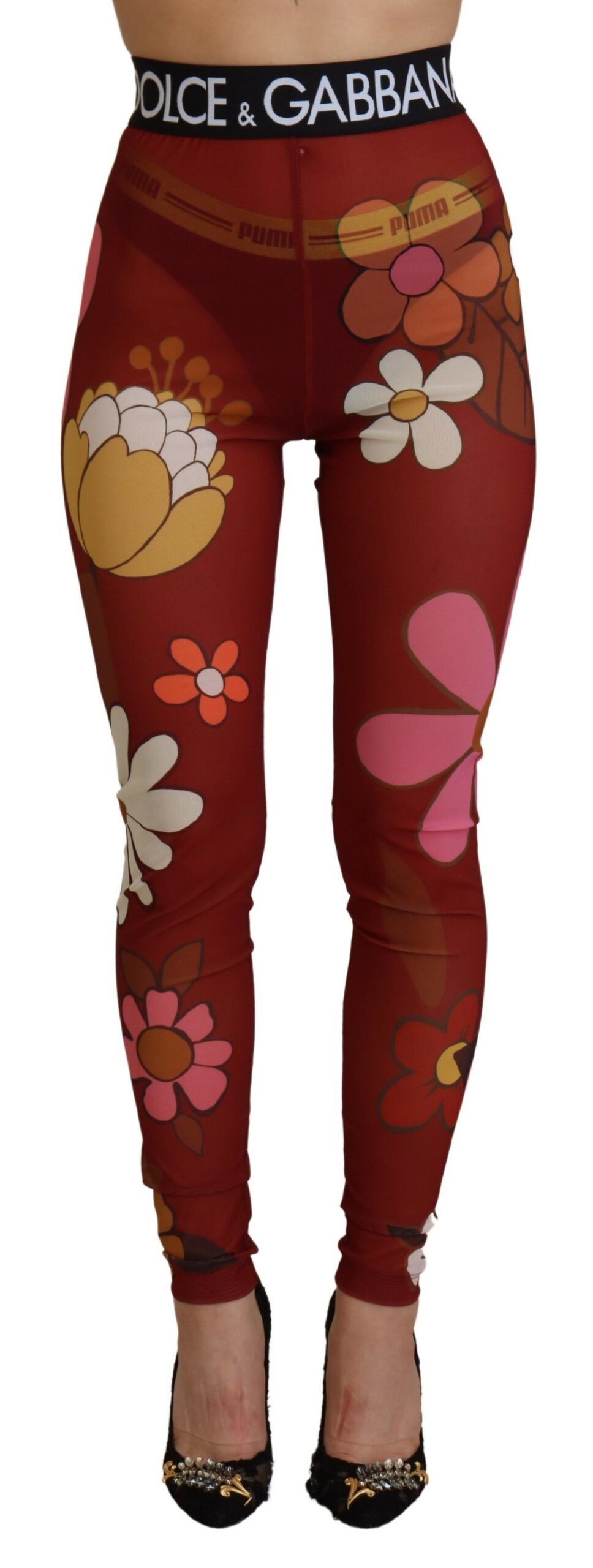 Dolce & Gabbana Red Floral Leggings Stretch Waist Women's Pants