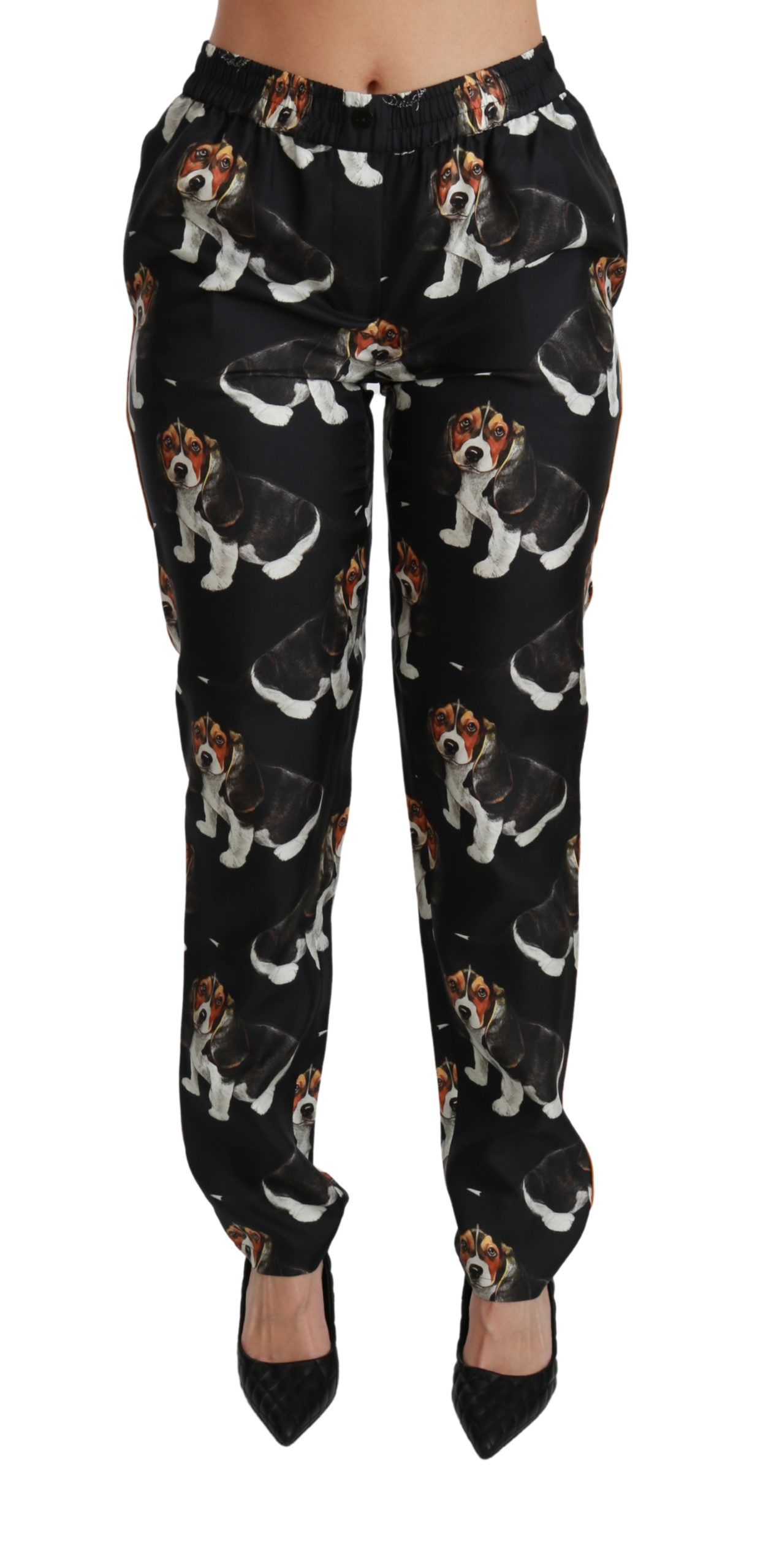 Dolce & Gabbana Black Puppy Dog Mid Waist Skinny Silk Women's Pants  Authentic